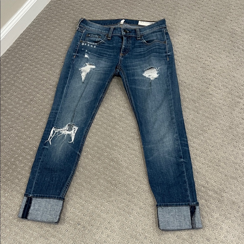 rag & bone Dark Blue Distressed Cropped Jeans